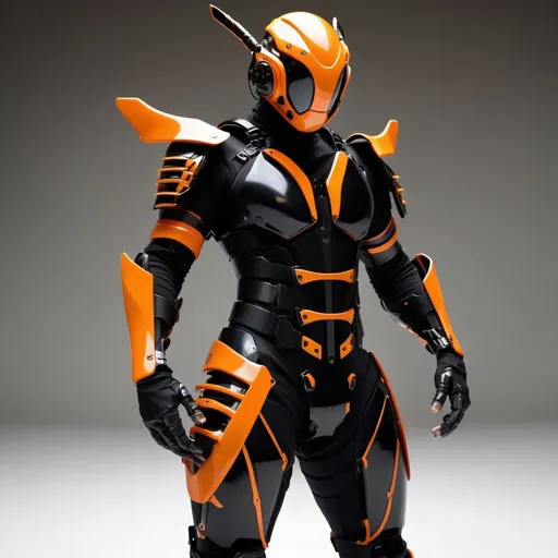 Prompt: lithe cybernetic full ninja armor in sleek blacks and oranges, design themed on a japanese wasp - stinger blade arm daggers below the wrists can shoot out at need.