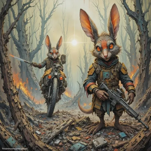 Prompt: rabbit sniper hides in the rubble ready to ambush a distant patrol of motorbike riding foxes