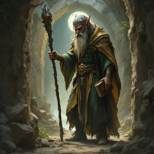 Prompt: Emerging from the shadows of an ancient, mystical arched ruin buried in dust and thorns, a striking figure of a wilder fae inspired bearded elf of near wild proportions and mythic wisdom - clutching a wizards spell book and staff looks about to make sure the perimeter is safe - he is a wizard of thorn and briar, a fey lost child touched by the insanity of the faeirie realm itself.  his robes are craft of green and yellowed leather, with copper circlet on his brow and over his ears painted a spiderweb white.  his staff is hand carved of elder wood, and shines with imbedded crystals up and down its shaft.  