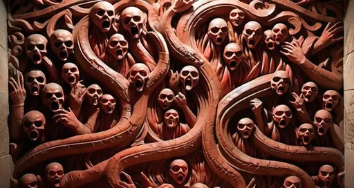 Prompt: bass relief of carved red onyx in an ancient crypt is surrounded by the carved motif of a hundred terror stricken screaming faces and grasping arms, representing the souls of the damned as they cry out from the very depths of hell.  