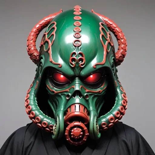 Prompt: A sith helmet/facemask unlike any we have seen, colored in greens, blacks and reds in the design of an alien tentacle japanese style mask.