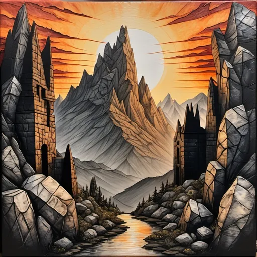 Prompt: aged and cracked canvas hand painted with wet ink dye to show a mountain valley cast in shadow with a sunrise breaking between two mountain crags. a dwarven tower rises from the left peak, blocky and hand carved stone beautifully interlocked make up the towers walls.