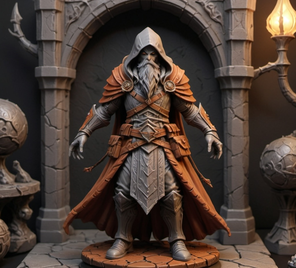 Prompt: 3D Printable Resin Miniature, detailed gaming character, dynamic pose, intricate features, solid gray resin, fantasy theme, ultra-detailed design, perfect for tabletop games, emphasizing textures and detailing, stylish contours, high-quality rendering, immersive atmosphere, captivating representation of gaming lore, suitable for advanced printing techniques.