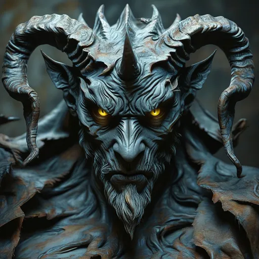 Prompt: Emerging from the darkness, a strikingly detailed figure embodies a mythical demon, characterized by its imposing horns that curve sharply upwards, surrounded by textured, rugged skin reminiscent of tree bark. The fierce countenance, with deep-set eyes and a furrowed brow, expresses an intense, almost primal energy, accented by the vivid red tones that contrast sharply against the dark background. This creature's chest is intricately designed with layers of hardened, steel-like material, adding to its menacing presence. The lighting emphasizes the rough textures and contours of its face and body, creating a dramatic interplay of shadow and light that enhances its terrifying yet fascinating nature. The overall composition evokes a sense of awe and unease, inviting viewers to ponder the stories and myths surrounding such a formidable being.  Overall what stands out the most is the glow of its yellow poison eyes... and how they glare at the viewer.  