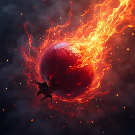 Prompt: A godly Devine pomegranate from Greek myth, carried by Persephone into the Underworld, Bursting with life and vibrant colors, the image depicts an explosive interplay of fiery reds, oranges, and deep purples, creating an abstract portrayal of motion and energy. Swirls and jagged forms suggest a dynamic scene, possibly evoking a sense of volcanic eruption or a cosmic explosion, as if flames flicker against the backdrop of a night sky. The texture appears fluid and organic, highlighting glossy, almost liquid-like surfaces that amplify the sense of movement and chaos. High contrast between light and dark areas adds depth, enhancing the dramatic effect and drawing the viewer's eye into the intense, vivid composition. The overall mood feels both chaotic and captivating, inviting contemplation of nature’s raw power and beauty. - around this Devine fruit - the underworld is stark dead and gray.  