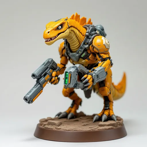 Prompt: Perched dynamically on a textured brown base, a formidable, yellow-hued dinosaur-like creature stands out, showcasing a blend of organic and mechanical elements. It features a slender neck topped with an expressive head, where wide, white eyes peer with an intriguing mix of intelligence and curiosity. Encasing its shoulders is a futuristic armor adorned with intricate designs, while it grips a bulky weapon that augments its fierce appearance. The contrasting colors of matte and glossy paint bring depth to the figure, capturing attention with its vibrant accents, like hints of orange and green on the weapon. This impressive miniature evokes a sense of action and storytelling, suggesting a narrative steeped in a sci-fi universe where technology meets primal instincts.