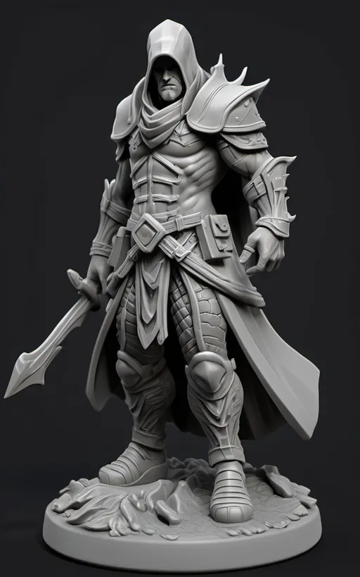 Prompt: (3D Printable Resin Miniature), detailed gaming character, dynamic pose, intricate features, gray resin, fantasy theme, ultra-detailed design, perfect for tabletop games, emphasizing textures and detailing, stylish contours, high-quality rendering, immersive atmosphere, captivating representation of gaming lore, suitable for advanced printing techniques.