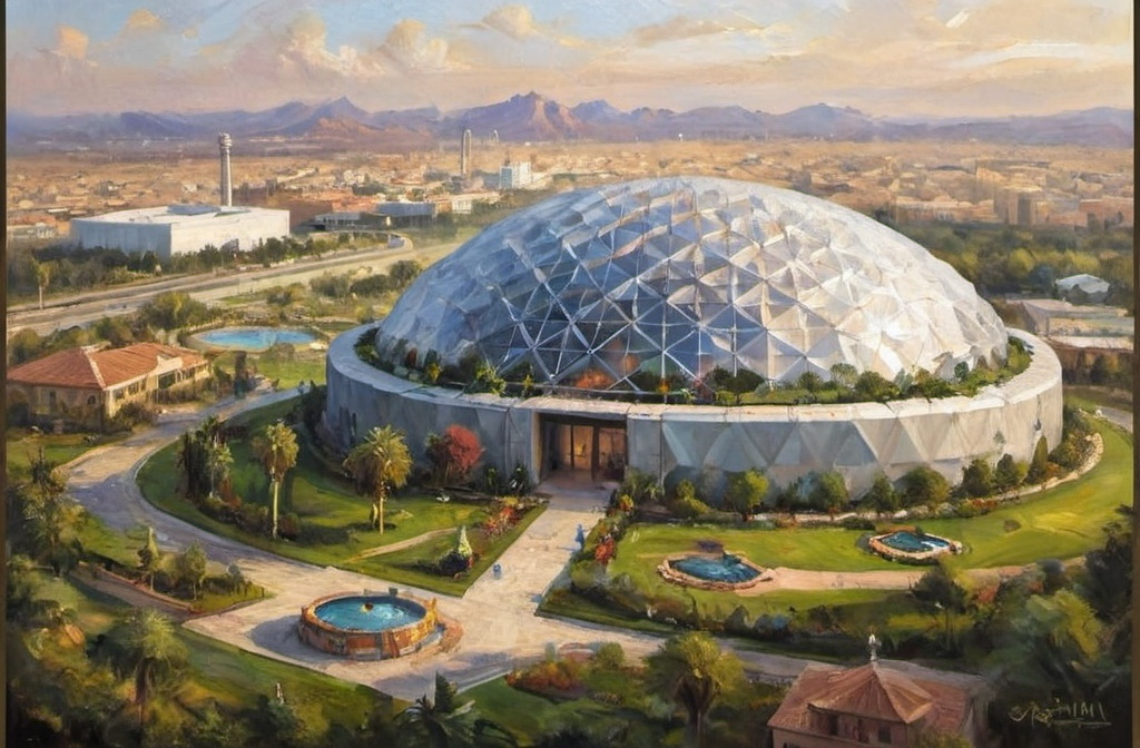 Prompt: Design a mile wide geodesic dome larger than the Jeddah Superdome, designed to house an interior atmosphere and gardens/town to house 300 people.  