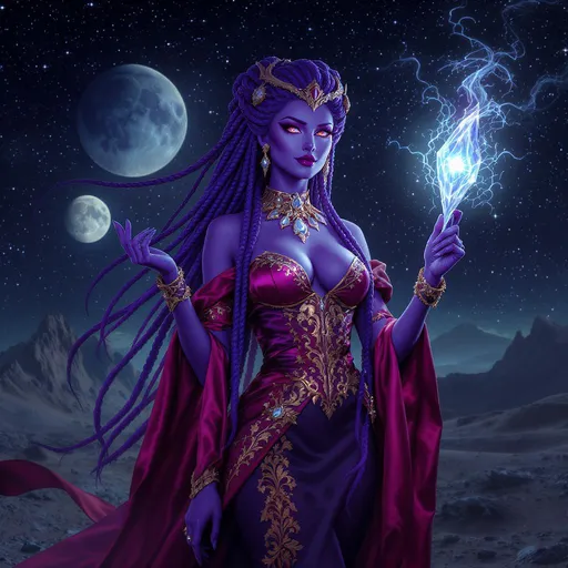 Prompt: Set against a backdrop of stars and distant mountains on what appears to be an alien planet with 7 visible striking moons, a beautiful character stunning in the moonlight stands and captivates the scene. This figure, with countless tightly braided lengths of hair cascading around her shoulders and down her back to her waist, displays a remarkable blend of human and otherworldly features, her skin a striking purple hue that contrasts beautifully with her fashionable elegant courtesans silken dress, adorned in bold gold and vibrant fuchsia accents and jewelry to match. She stands poised, one hand elegantly raised as if to convey a message or summon attention, while her other hand holds a glowing wand at ready, the wand carved from vibrant white crystal shines in her hand in standing out because of her purple skin.  her expression reflects confidence and strength. The scene is illuminated by the soft, ethereal glow of the surrounding environment, combining elements of surrealism and science fiction to evoke a sense of adventure and intrigue.