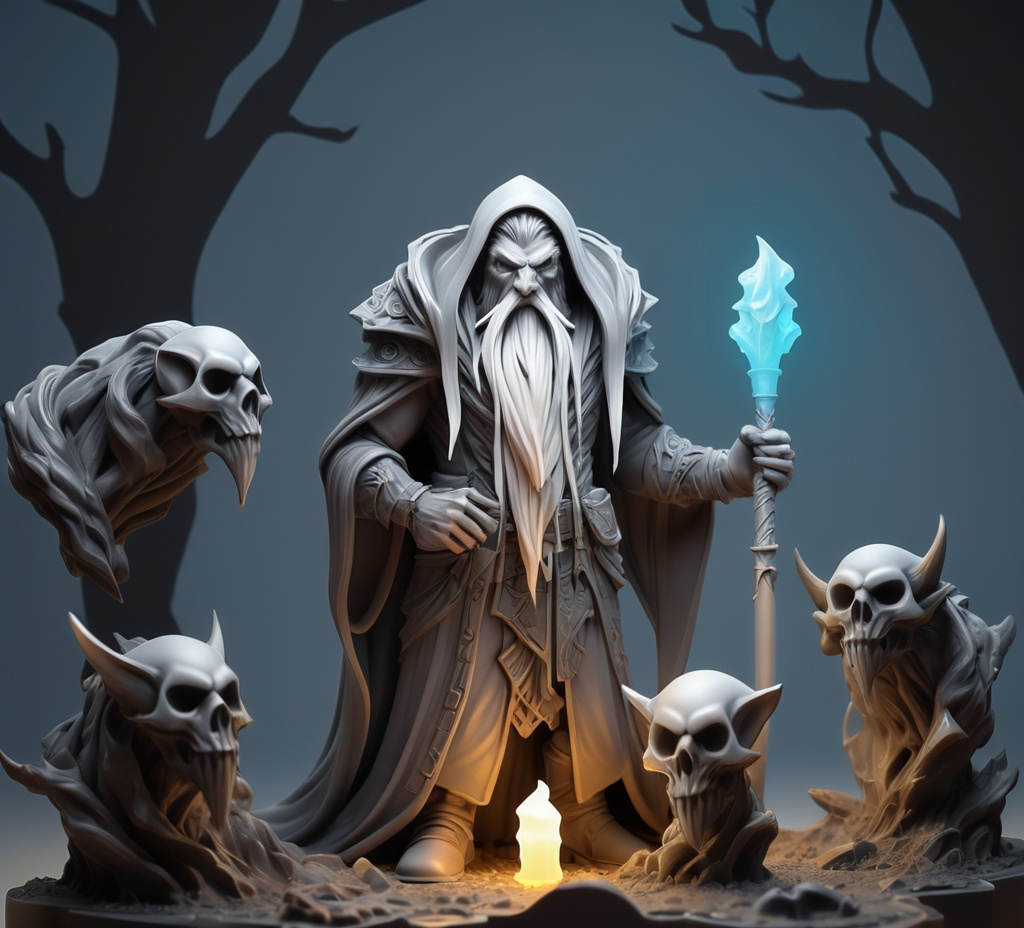 Prompt: 3D Printable Resin Miniature, detailed gaming character, dynamic pose, intricate features, solid gray resin, fantasy theme, ultra-detailed design, perfect for tabletop games, emphasizing textures and detailing, stylish contours, high-quality rendering, immersive atmosphere, captivating representation of gaming lore, suitable for advanced printing techniques.