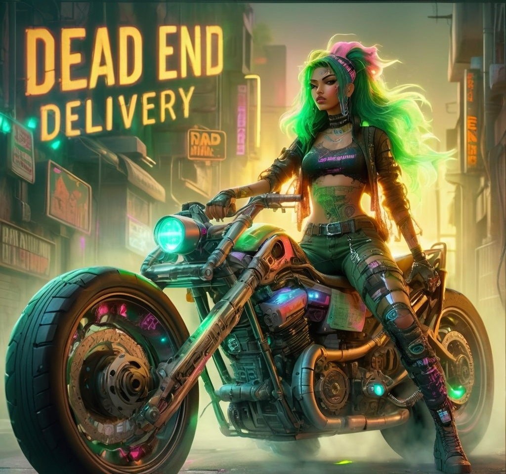 Prompt: Columbian Latina beauty with cyberpunk pink in her hair lit by woven in LED lights, sits mounted on her cyberpunk motorcycle in a cyberpunk alleyway.  She has one cyborg arm and wears a green lace see through top and torn jeans.  The sign on the shop behind her reads "Dead End Delivery"