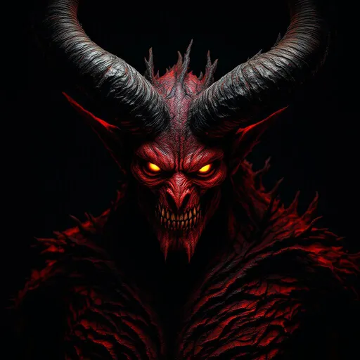 Prompt: Emerging from the darkness, a strikingly detailed figure embodies a mythical demon, characterized by its imposing horns that curve sharply upwards, surrounded by textured, rugged skin reminiscent of tree bark. The fierce countenance, with deep-set eyes and a furrowed brow, expresses an intense, almost primal energy, accented by the vivid red tones that contrast sharply against the dark background. This creature's chest is intricately designed with layers of hardened, steel-like material, adding to its menacing presence. The lighting emphasizes the rough textures and contours of its face and body, creating a dramatic interplay of shadow and light that enhances its terrifying yet fascinating nature. The overall composition evokes a sense of awe and unease, inviting viewers to ponder the stories and myths surrounding such a formidable being.  Overall what stands out the most is the glow of its yellow poison eyes... and how they glare at the viewer.  