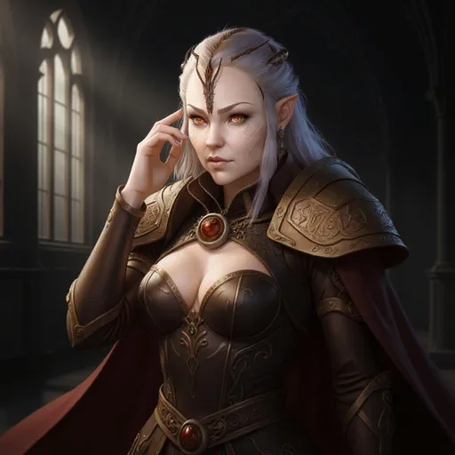 Prompt: Radiating a sense of power and elegance, a striking figure stands in a dimly lit space adorned with intricate architecture, where light filters through tall, arched windows. The character, a woman with cascading silver-blue hair and an intense gaze, exudes confidence through her poised posture, one hand delicately raising to her face. Clad in an intricately designed garment featuring gold embellishments and a deep neckline, she is complemented by a flowing red sash that enhances her regal presence. The atmospheric lighting accentuates her features, casting soft shadows that evoke a mood of intrigue and strength, suggesting a narrative steeped in fantasy or myth. The overall composition draws the viewer in, blending rich colors and detailed artistry to create a captivating visual experience.