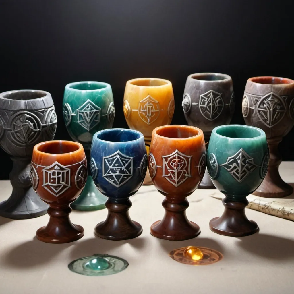 Prompt: 7 Dwarven Stone drinking chalices, carved from the very gemstones pulled from the earth.   Each carved with a dwarven house sigil/heraldry.