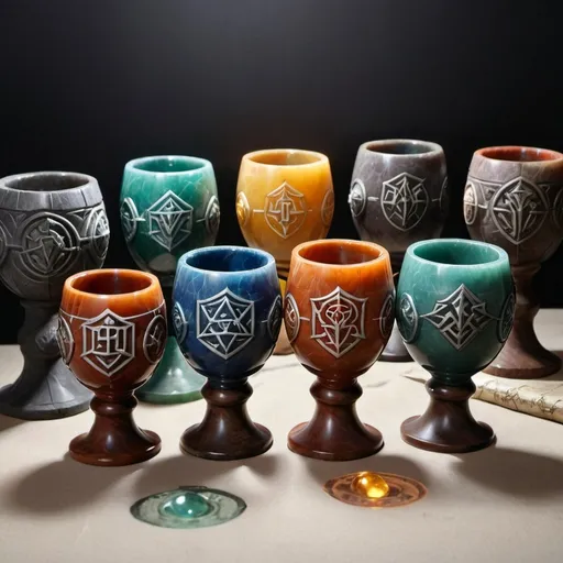 Prompt: 7 Dwarven Stone drinking chalices, carved from the very gemstones pulled from the earth.   Each carved with a dwarven house sigil/heraldry.