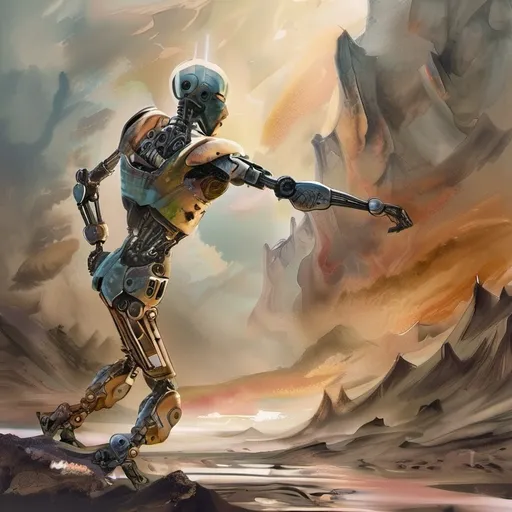 Prompt: A book cover for a sci-fi robot apocalypse novel - "Mankind's Final Creation." in Prominent biblical letters can be seen as the title - a striking figure with synthetic flowing auburn hair lies in a surreal landscape, her face partially broken, revealing robotic elements showing the lie of her human features. The backdrop showcases majestic mountains and a ruined world beneath a radiant sky, dominated by a glowing golden NEW structure that resembles a colossal gem or monolithic sun, a church of the artificial -casting warm light over the scene, yet built on the bones of the worlds dead from the robot wars.  This captivating blend of organic beauty and technological elements as well as dark and light -evokes themes of transformation and the convergence of humanity and machinery, inviting contemplation about identity and the future. 