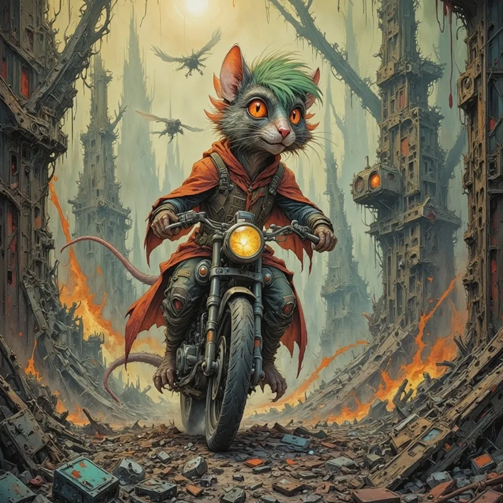 Prompt: Anthropomorphic Cat biker rogue with wild green hair races her futuristic motorcycle through the rat wild wastes and ruins to escape flying bio-mechanical attack drones that are chasing her in the briar down ruin.  