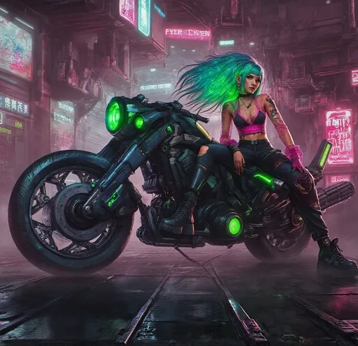 Prompt: Columbian Latina beauty with cyberpunk Green in her hair lit by woven in LED lights, sits mounted on her cyberpunk motorcycle in a cyberpunk alleyway.  She has one cyborg arm and wears a Pink lace see through top and torn jeans.  The sign on the shop behind her reads "Dead End Delivery"