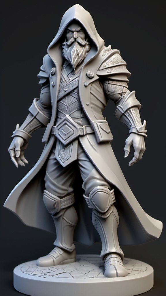 Prompt: 3D Printable Resin Miniature, detailed gaming character, dynamic pose, intricate features, solid gray resin, fantasy theme, ultra-detailed design, perfect for tabletop games, emphasizing textures and detailing, stylish contours, high-quality rendering, immersive atmosphere, captivating representation of gaming lore, suitable for advanced printing techniques.