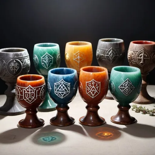 Prompt: 7 Dwarven Stone drinking chalices, carved from the very gemstones pulled from the earth.   Each carved with a dwarven house sigil/heraldry.