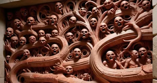 Prompt: bass relief of carved red onyx in an ancient crypt is surrounded by the carved motif of a hundred terror stricken screaming faces and grasping arms, representing the souls of the damned as they cry out from the very depths of hell.  