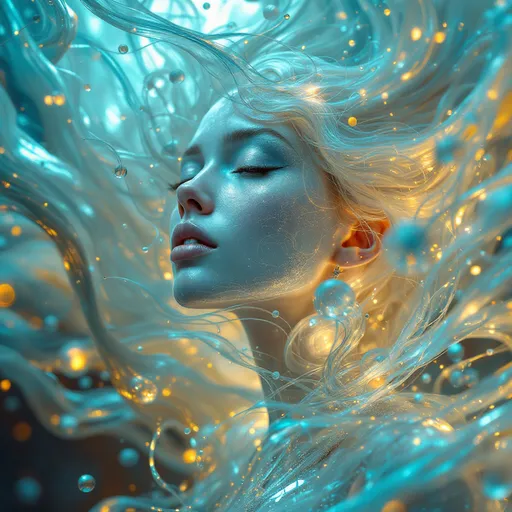 Prompt: Emanating an ethereal quality, a figure with intricate, flowing features emerges from a surreal background, blending seamlessly into wisps of translucent colors that swirl around her. Her face, reflective and serene, captures a sense of calm amidst the chaotic movement of the surrounding forms that resemble hair or liquid, evoking a feeling of fluidity and transformation. The scene is infused with a dreamlike ambiance, illuminated by soft, ambient lighting that highlights the delicate interplay of light and shadow on her sculpted visage. Hints of teal and silver compose a harmonious palette, creating a mystical atmosphere that suggests themes of identity and the transition between reality and imagination, as if this figure occupies a space beyond the physical realm. This captivating image encapsulates the essence of otherworldly beauty, inviting viewers to ponder the story woven into its mesmerizing hues and shapes.