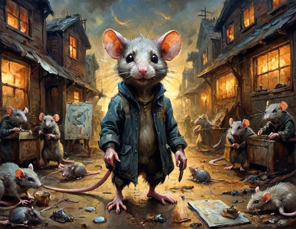 Prompt: Anthropomorphic survivor Rats build a new society in the post apocalypse secret of nimh salvage of human populations long dead