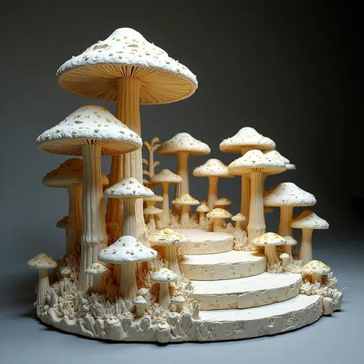 Prompt: stage design intricate sculpture hand carved out of Styrofoam and hand painted in the new modern style depicting a forest of mushrooms upon a stage