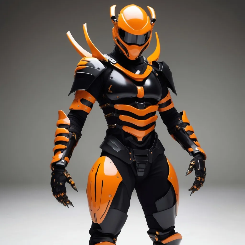 Prompt: lithe cybernetic full ninja armor in sleek blacks and oranges, design themed on a japanese wasp - stinger blade arm daggers below the wrists can shoot out at need.