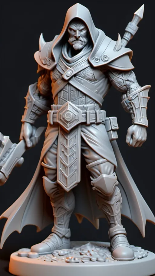 Prompt: 3D Printable Resin Miniature, detailed gaming character, dynamic pose, intricate features, solid gray resin, fantasy theme, ultra-detailed design, perfect for tabletop games, emphasizing textures and detailing, stylish contours, high-quality rendering, immersive atmosphere, captivating representation of gaming lore, suitable for advanced printing techniques.