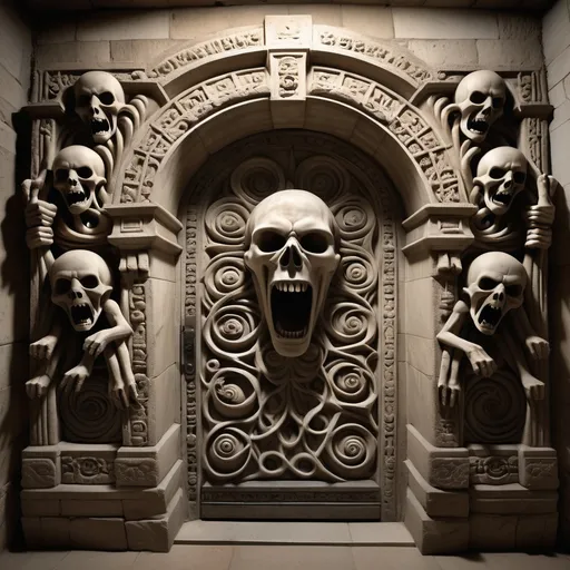 Prompt: a stone door in an ancient crypt is surrounded by the carved motif of a hundred terror stricken screaming faces and grasping arms, representing the souls of the damned as they cry out from the very depths of hell.  