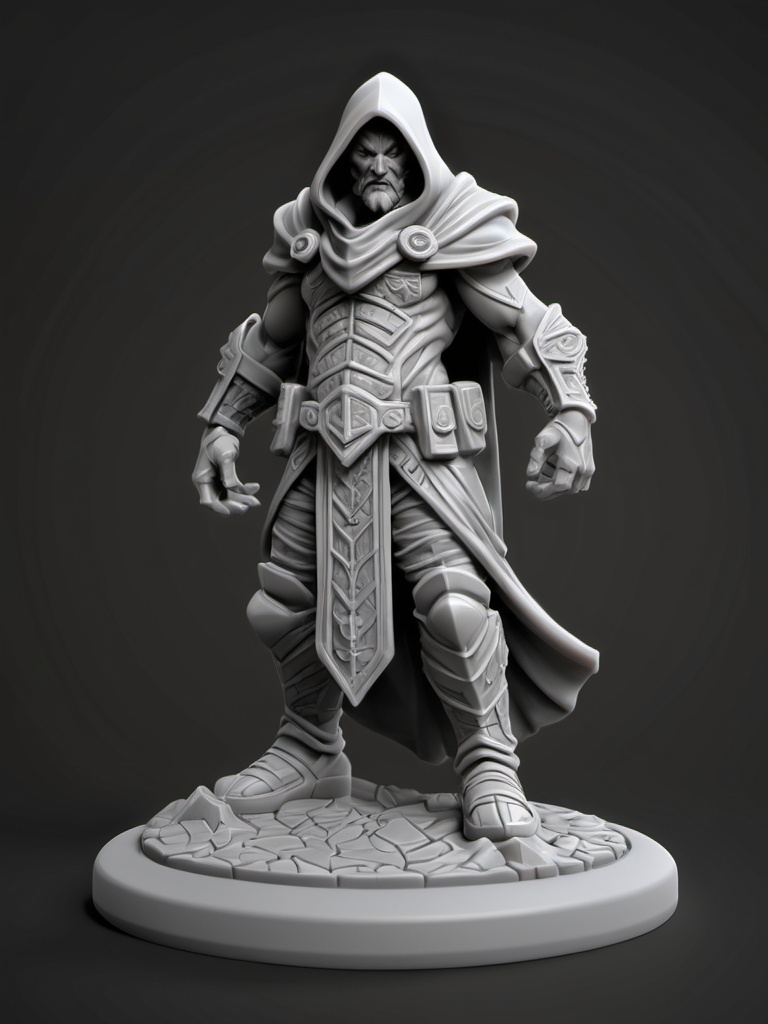 Prompt: (3D Printable Resin Miniature), detailed gaming character, dynamic pose, intricate features, gray resin, fantasy theme, ultra-detailed design, perfect for tabletop games, emphasizing textures and detailing, stylish contours, high-quality rendering, immersive atmosphere, captivating representation of gaming lore, suitable for advanced printing techniques.