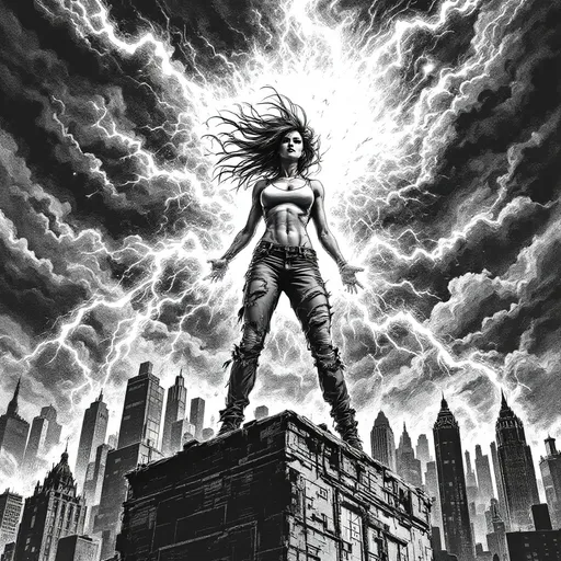 Prompt: Amidst a stormy urban skyline, a fierce woman stands poised atop a towering building, weaving energy into an explosive display of power as she unleashes bolts of lightning from her hand. Her wild hair sweeps dramatically around her, framing a determined expression that radiates both strength and defiance. Clad in a torn tank top and ripped jeans, she embodies a rebellious spirit, contrasting sharply with the dark, chaotic backdrop of jagged buildings and swirling clouds. The high-contrast black and white style enhances the intensity of the scene, capturing a moment that feels electric and raw, evoking a sense of both struggle and empowerment in a gritty, superhero-like narrative.