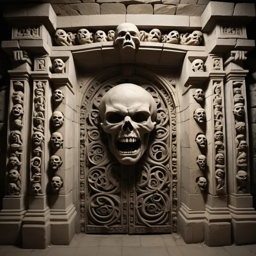 Prompt: a stone door in an ancient crypt is surrounded by the carved motif of a hundred terror stricken screaming faces and grasping arms, representing the souls of the damned as they cry out from the very depths of hell.  