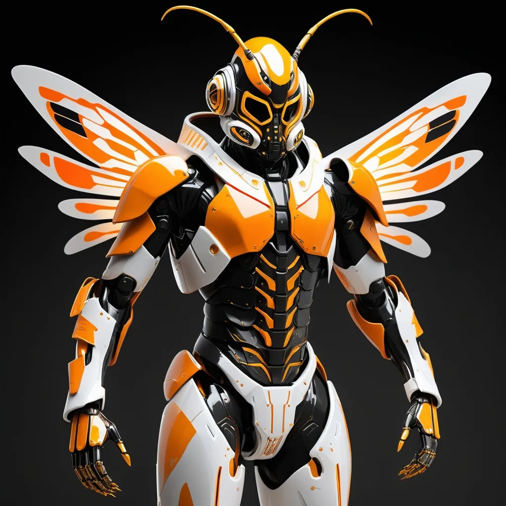 Prompt: lithe cybernetic full slim body power armor suit and mask in the style of a japanese samurai wasp hero.  colored in whites, blacks and glowing oranges, with stinger blade arms and glowing cybernetic wasp wing flying pack on the back.