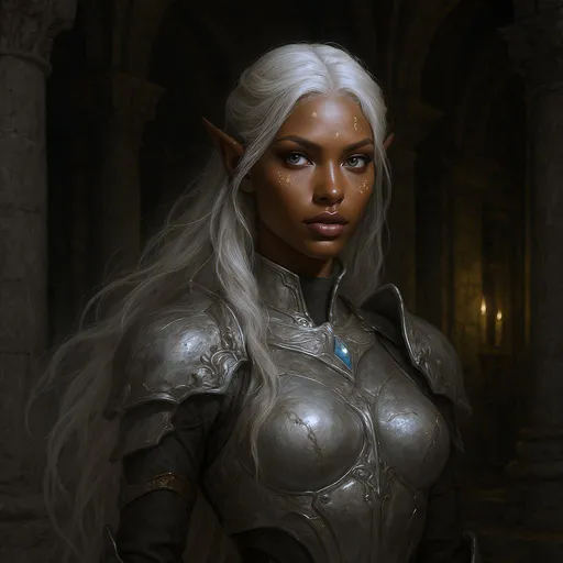 Prompt: In a grand, dimly lit stone chamber, a striking figure commands attention: an elegant elven warrior with flowing white hair that cascades past her shoulders. Her skin is a rich, deep brown, contrasting beautifully with the intricate silver armor that hugs her form, adorned with delicate engravings and a shimmering blue gem at her collarbone. Ethereal markings grace her skin, hinting at her mystical heritage, while her piercing gaze exudes both strength and determination. The architecture around her features towering columns and arched windows, softly illuminated by flickering candlelight, casting a warm glow that enhances the mysterious and enchanting atmosphere of the scene. This captivating portrayal reflects a narrative of resilience and grace, embodying the spirit of a fierce protector in a fantasy realm.