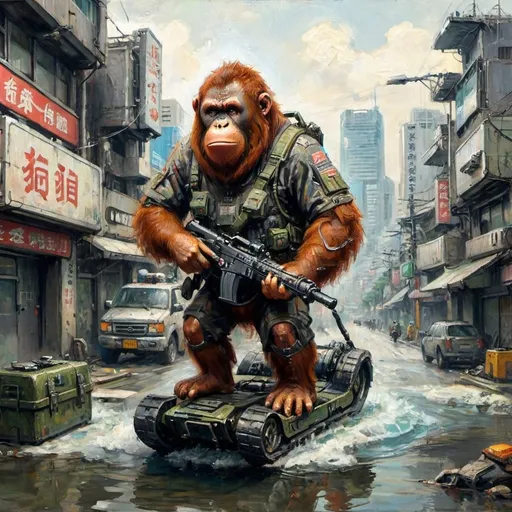 Prompt: Anthropomorphic Orangutan cyber soldier carrying heavy machine gun and riding a floating cyber sled through post apocalyptic Tokyo  