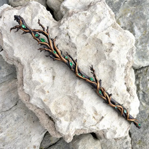 Prompt: hand carved wooden wand in the motif of coiled vine and thorn - alder wood stained with dark stain and highlighted with inlaid green leaf carved gems - 14 inches long