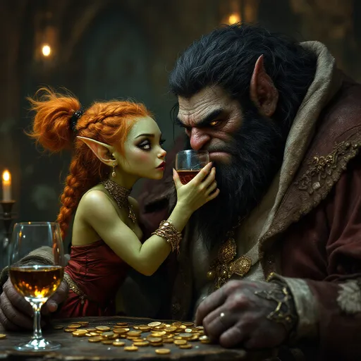 Prompt: photorealistic fantasy world image - with orange hair tied in intricate braids, a tiny yet fierce eyed green skin goblin girl wearing the silks of a high class courtesan lifts a clear glass of wine up to a fat black haired ogre of a mans lips to let him drink, distracting him as her other hand pulls coins from his purse.
