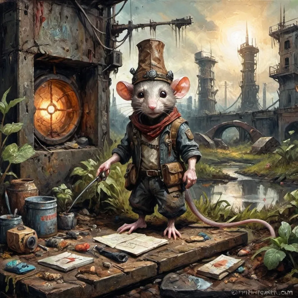 Prompt: Anthropomorphic survivor Rats build a new society in the post apocalypse secret of nimh salvage of human populations long dead