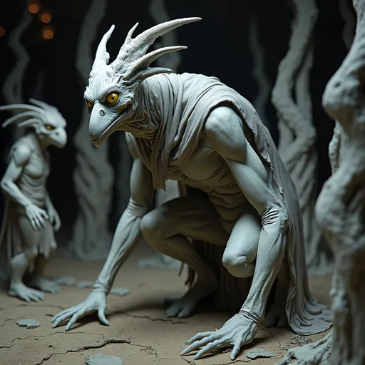 Prompt: Emerging from a surreal and stylized setting, a foreboding, humanoid figure crouches menacingly amidst intricate, twisted forms that suggest a world teeming with dark fantasy. The creature, crafted in shades of gray, boasts elongated limbs and a grotesque, avian-like head, with piercing yellow eyes that enhance its eerie presence. Draped in tattered layers of fabric that seem to blend seamlessly with its form, it exudes an ominous energy, poised as if ready to spring into action. The environment, subtly lit by overhead fixtures, features additional abstract creatures that echo the ominous style of the central figure, creating a sense of depth and otherworldliness. This sculptural piece captures a narrative steeped in mystery and foreboding, engaging the viewer with its striking design and the palpable tension of an impending encounter.