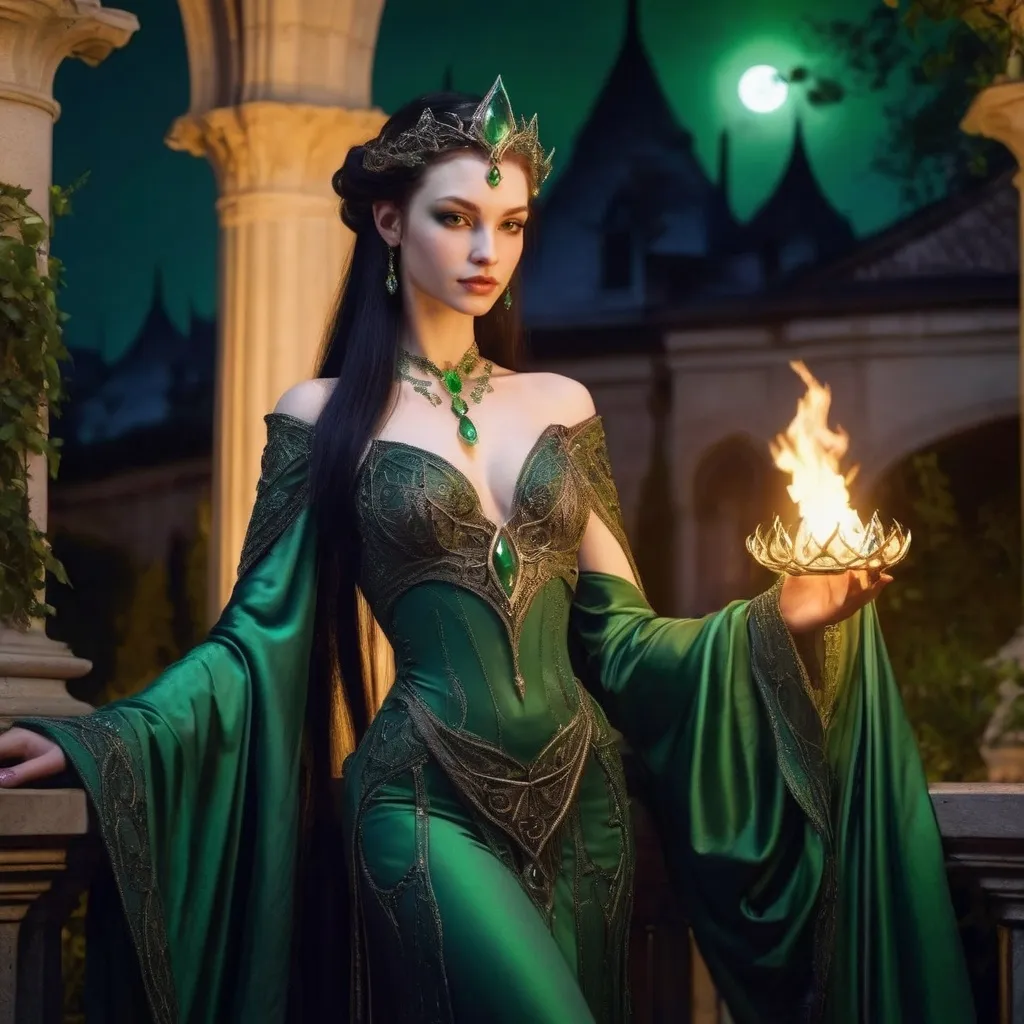 Prompt: elven courtesan of the night court, jeweled in greens and elegant silks, lit only by moonlight and flame torches in the palace gardens.  