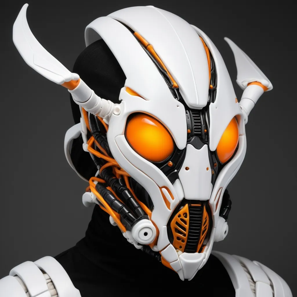 Prompt: cybernetic wired insectoid mask complete with mandibles and full body armor in whites, blacks, and glowing oranges.  reminiscent design of the mantis or wasp