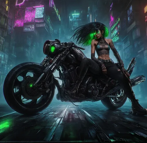 Prompt: Columbian Latina beauty with cyberpunk Green in her hair lit by woven in LED lights, sits mounted on her cyberpunk motorcycle in a cyberpunk alleyway.  She has one cyborg arm and wears a Pink lace see through top and torn jeans.  The sign on the shop behind her reads "Dead End Delivery"