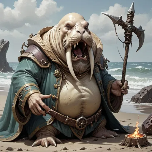 Prompt: dungeons and dragons style hero - Anthropomorphic Walrus necromancer wizard, summoning up the undead bones of dead fish and whales from the very sea to attack soldiers on the beach
