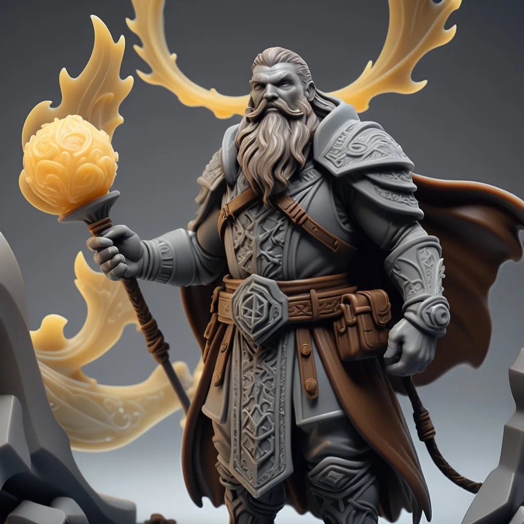 Prompt: 3D Printable Resin Miniature, detailed gaming character, dynamic pose, intricate features, solid gray resin, fantasy theme, ultra-detailed design, perfect for tabletop games, emphasizing textures and detailing, stylish contours, high-quality rendering, immersive atmosphere, captivating representation of gaming lore, suitable for advanced printing techniques.