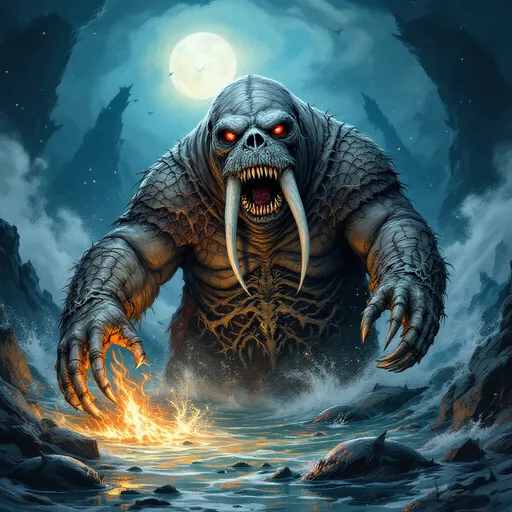 Prompt: dungeons and dragons style Anthropomorphic Walrus necromancer, summoning up the undead bones of dead fish and whales from the very sea