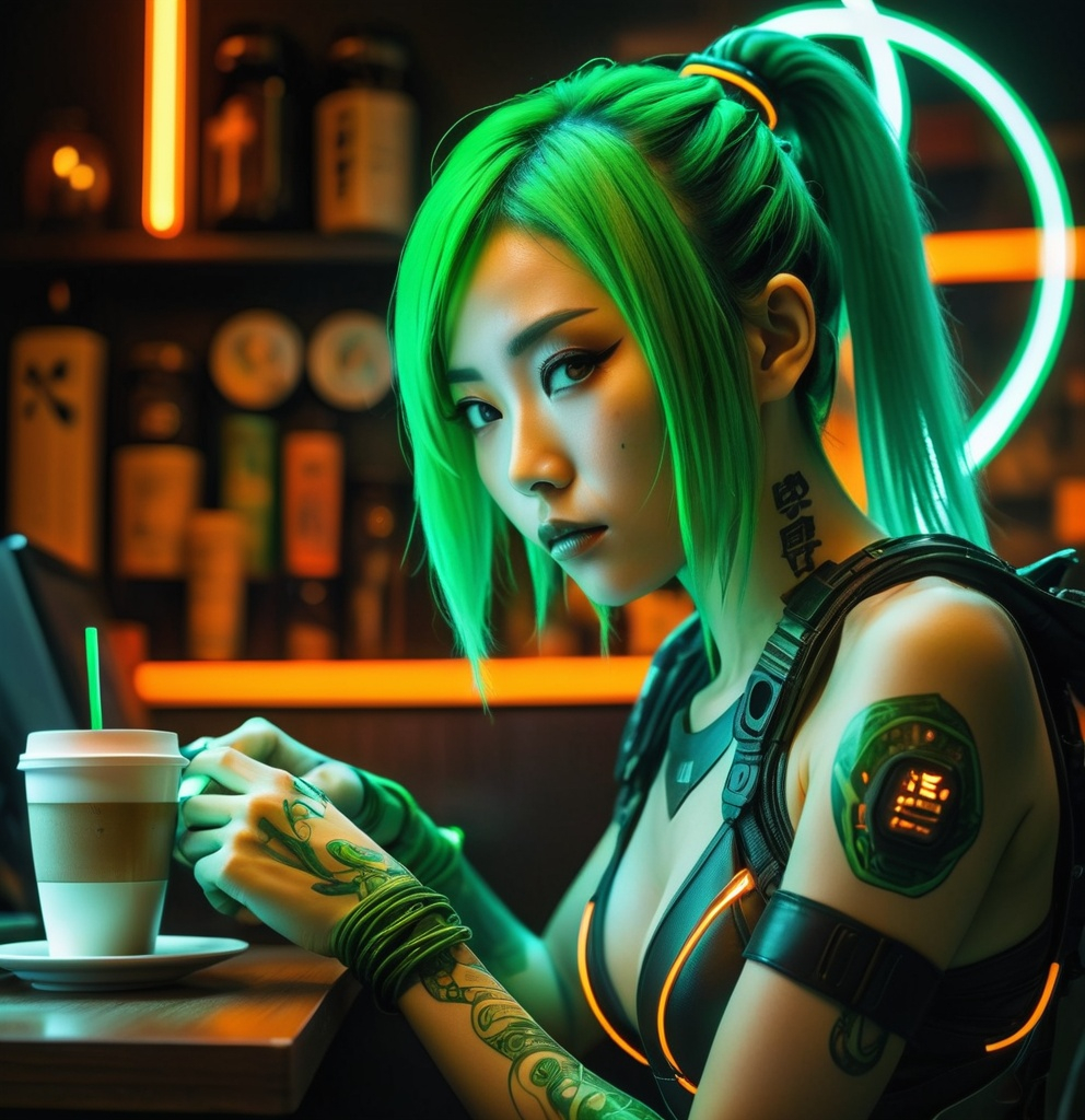 Prompt: Sci-fi Heroine, Japanese woman with green hair lit by inner woven green led's sparring cyberpunk style, with a biomimetic wired man in japanese coffee shop, highly detailed, HD, dark background lit by neon argon and glowing orange lights