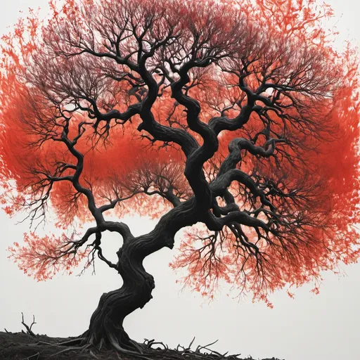 Prompt: Dark, gnarled branches stretch across a stark, predominantly white background, their silhouette set ablaze in vibrant red. The twists and turns of the trees create a sense of movement, as if they are swaying in a strong wind. The contrast between the fiery red hues and the muted white space above evokes an unsettling yet captivating atmosphere. This striking visual composition suggests a narrative of struggle or transformation, with the trees almost reaching out from the dark foreground into the bright expanse above, embodying both chaos and beauty in their entangled forms.