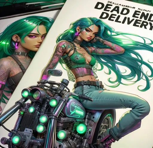 Prompt: Columbian Latina beauty with cyberpunk pink in her hair lit by woven in LED lights, sits mounted on her cyberpunk motorcycle in a cyberpunk alleyway.  She has one cyborg arm and wears a green lace see through top and torn jeans.  The sign on the shop behind her reads "Dead End Delivery"